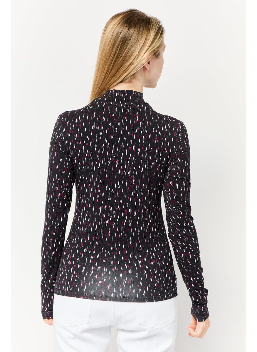 Women Mock Neck Long Sleeves Allover Print Top, Multicolor