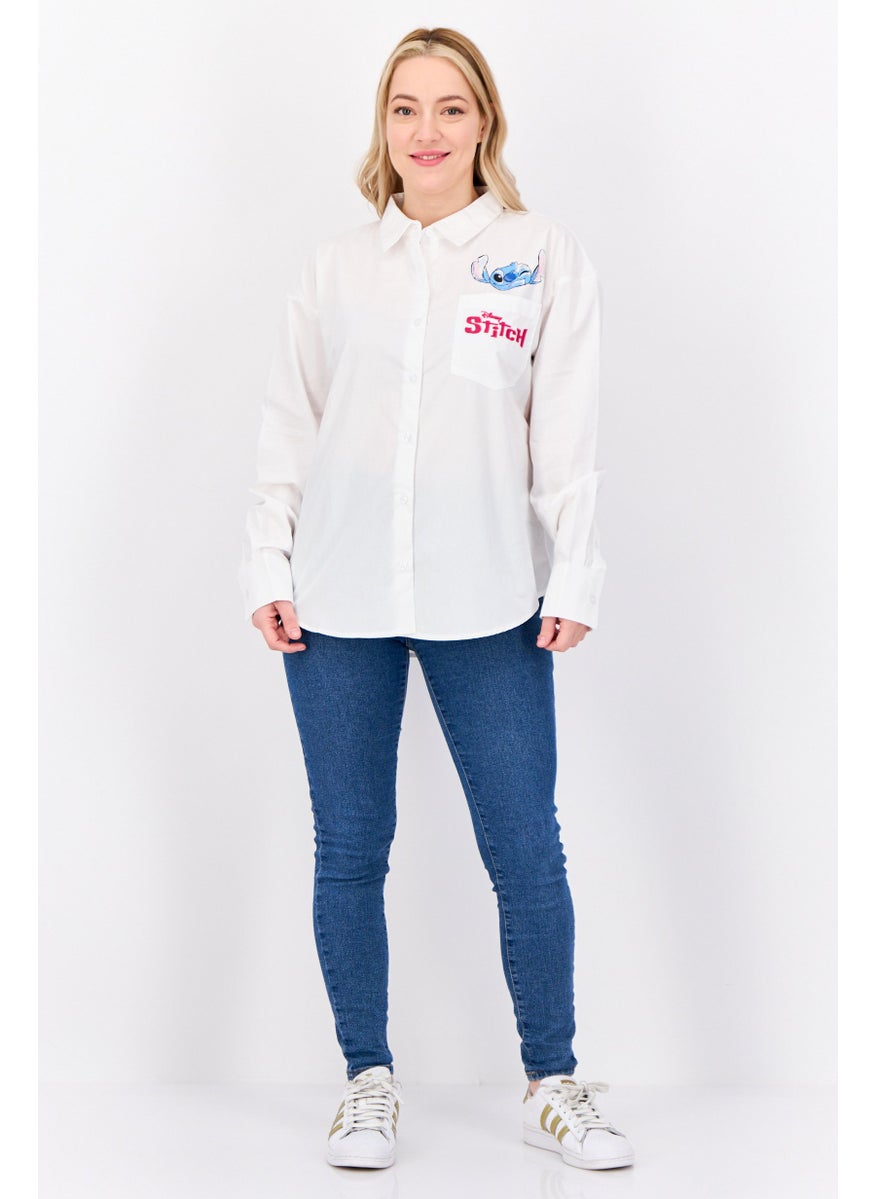 Women Pointed Collar Long Sleeves Embroidered Shirt, White
