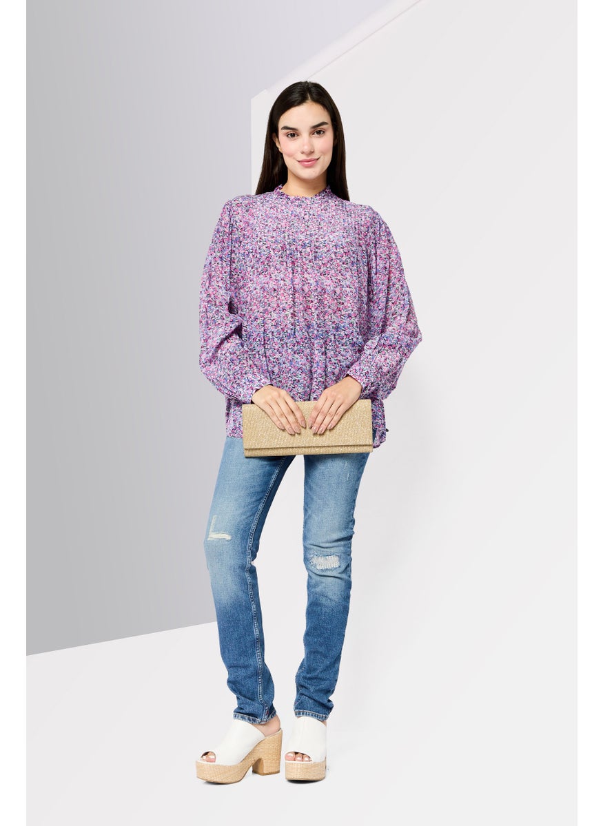 Women Ruffle Neck Long Sleeves Allover Print Blouse, Multicolor