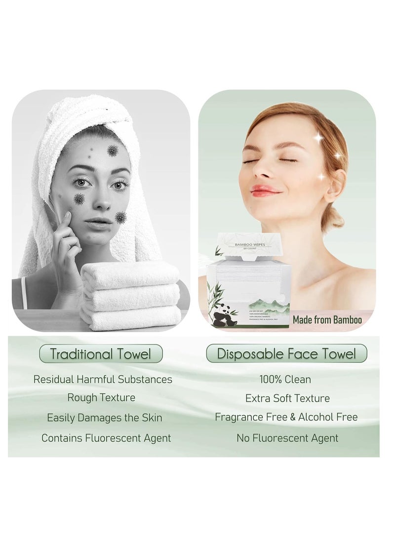 Disposable Face Towel Bamboo Biodegradable Large Dry Face Wipes 60 Count 1 Box Extra Thick Soft Clean Facial Towels for Sensitive Skin Makeup Removing Facial Cleansing Nursing Travel