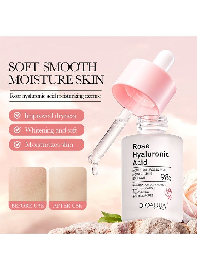 Rose Hyaluronic Acid，98% Moisturizing Essence Facial Serum Hydration Shrink Pores Anti-Oxidation Nourishes 30ml
