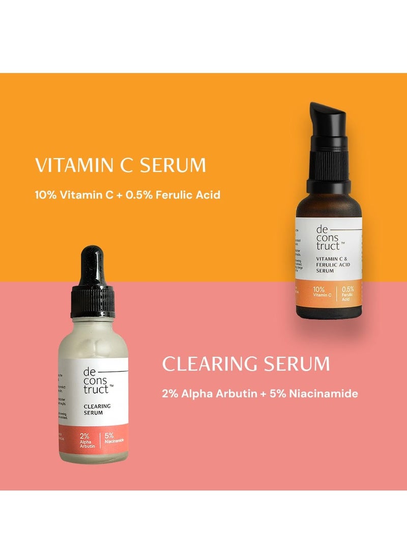 Deconstruct Skin Brightening Duo | 10% Vitamin C & 0.5% Ferulic Acid and 2% Alpha Arbutin & 5% Niacinamide | For All Skin Types | 30 ml each | Pack of 2