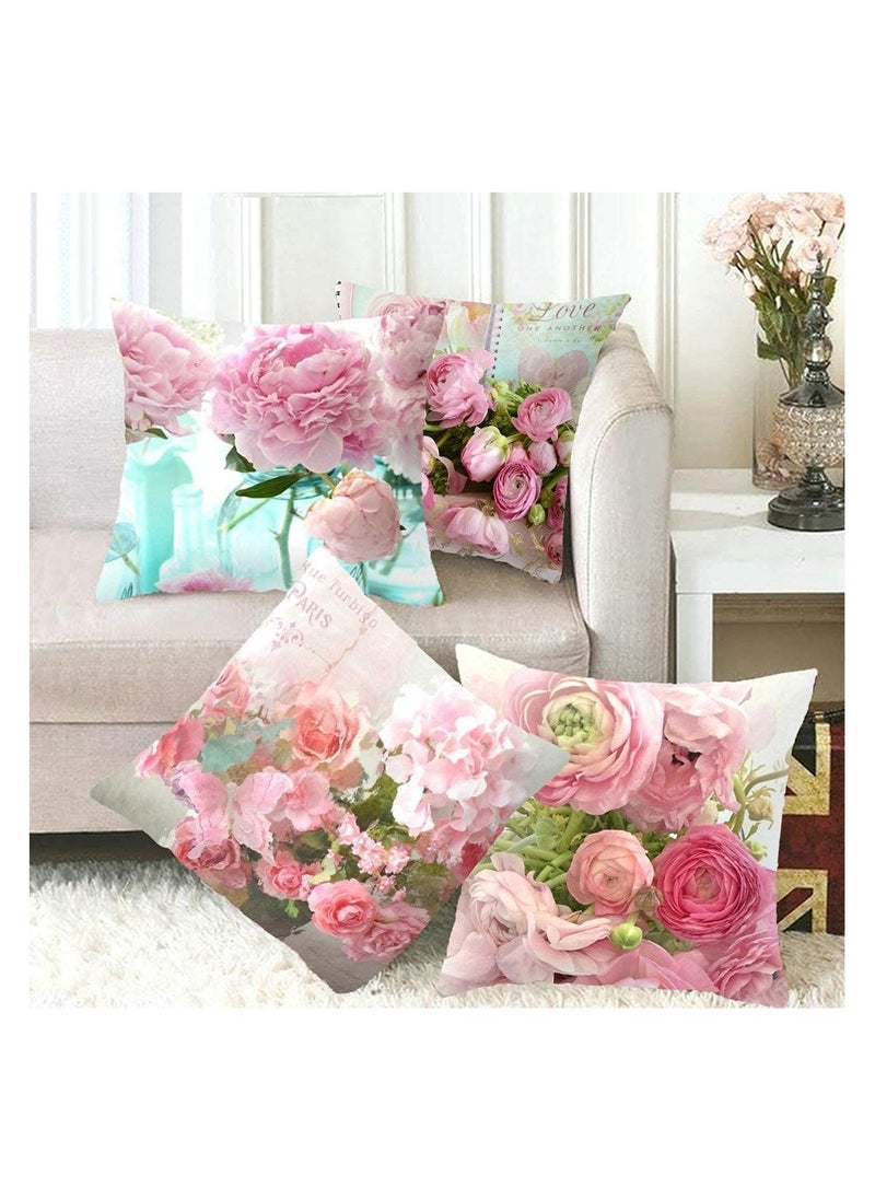 Shabby Chic Floral Throw Pillow Cover, 18 x 18 Inch Decorative Cushion Case for Summer & Spring Home Decor, Vibrant Flower Design