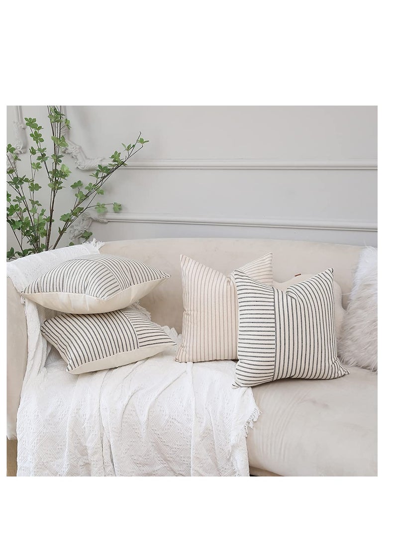 Grey and Beige Patchwork Farmhouse Throw Pillow Covers 18 x 18 Inch, Pack of 4 Striped Linen Decorative Pillow Case for Sofa Couch Chair Bedroom Modern DecorGrey