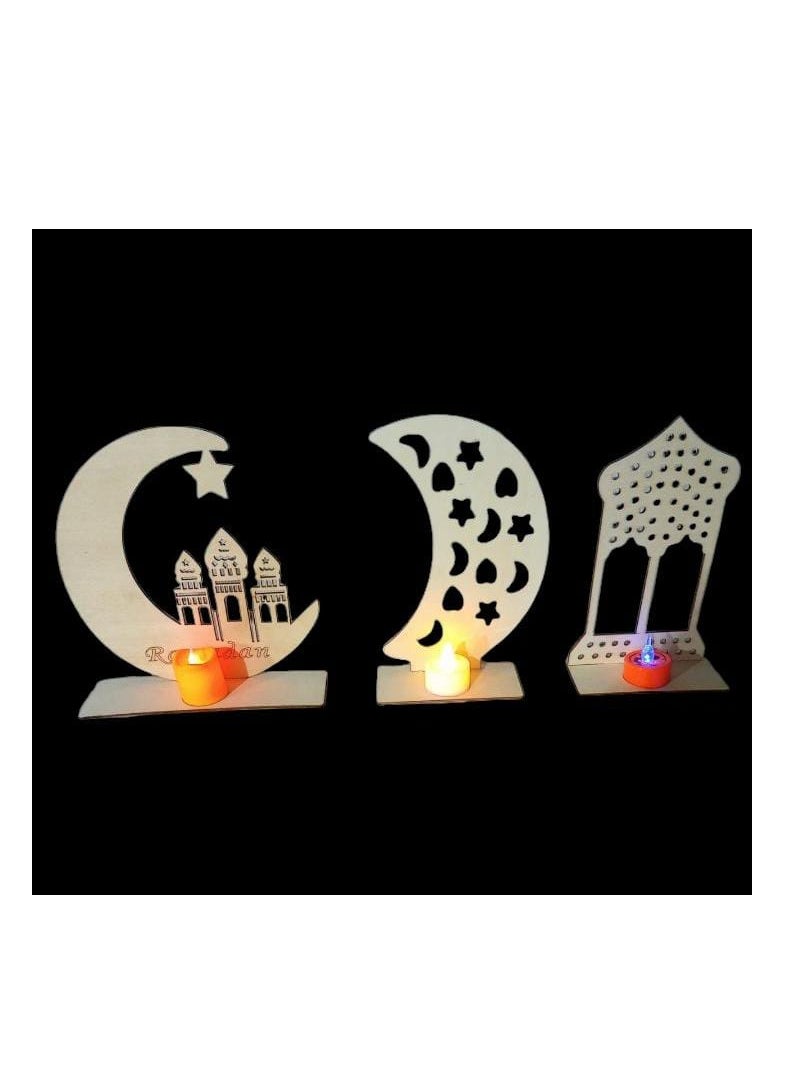 It is a set of wooden stands decorated with elegant Ramadan designs, containing a small LED light that adds a warm and beautiful touch.