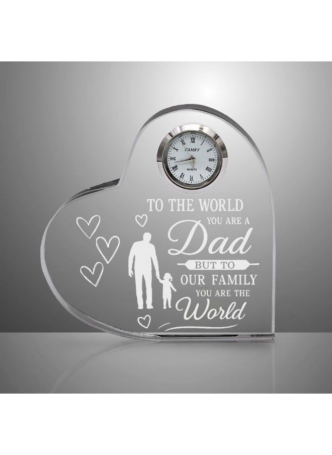 Fathers Day Heart-Shaped Crystal Glass Clock Keepsake|Elegant Display For Home&Office|Thoughtful Gift For Fathers Day|Son&Daughter Gift To Father