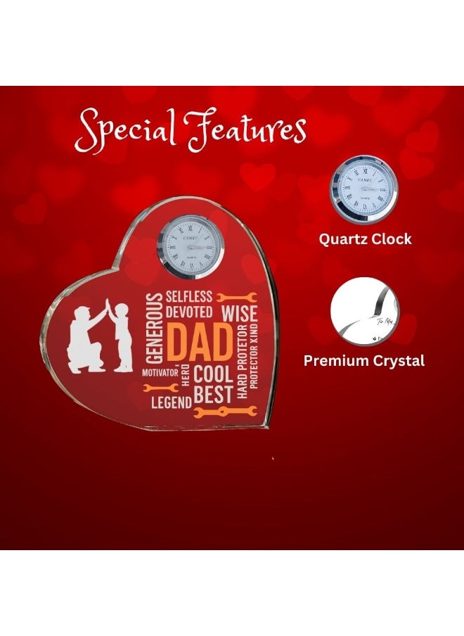Fathers Day Heart-Shaped Crystal Glass Clock Keepsake|Elegant Display For Home&Office|Thoughtful Gift For Fathers Day|Son&Daughter Gift To Father