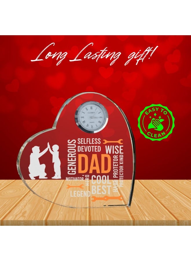 Fathers Day Heart-Shaped Crystal Glass Clock Keepsake|Elegant Display For Home&Office|Thoughtful Gift For Fathers Day|Son&Daughter Gift To Father