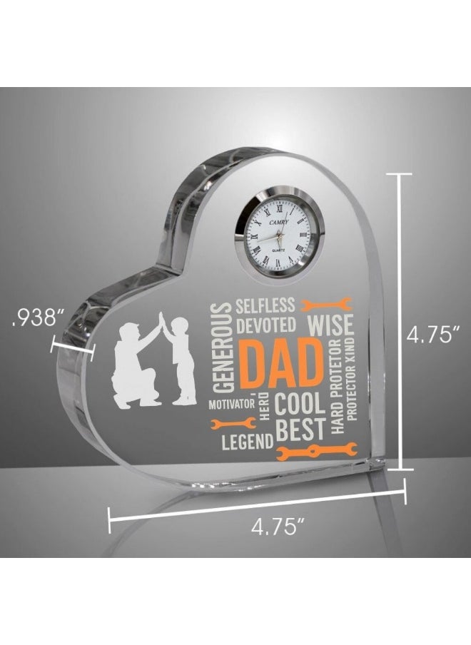Fathers Day Heart-Shaped Crystal Glass Clock Keepsake|Elegant Display For Home&Office|Thoughtful Gift For Fathers Day|Son&Daughter Gift To Father
