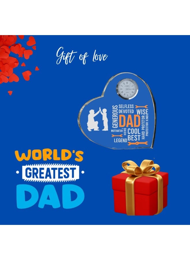 Fathers Day Heart-Shaped Crystal Glass Clock Keepsake|Elegant Display For Home&Office|Thoughtful Gift For Fathers Day|Son&Daughter Gift To Father