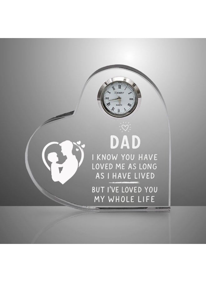 Fathers Day Heart-Shaped Crystal Glass Clock Keepsake|Elegant Display For Home&Office|Thoughtful Gift For Fathers Day|Son&Daughter Gift To Father