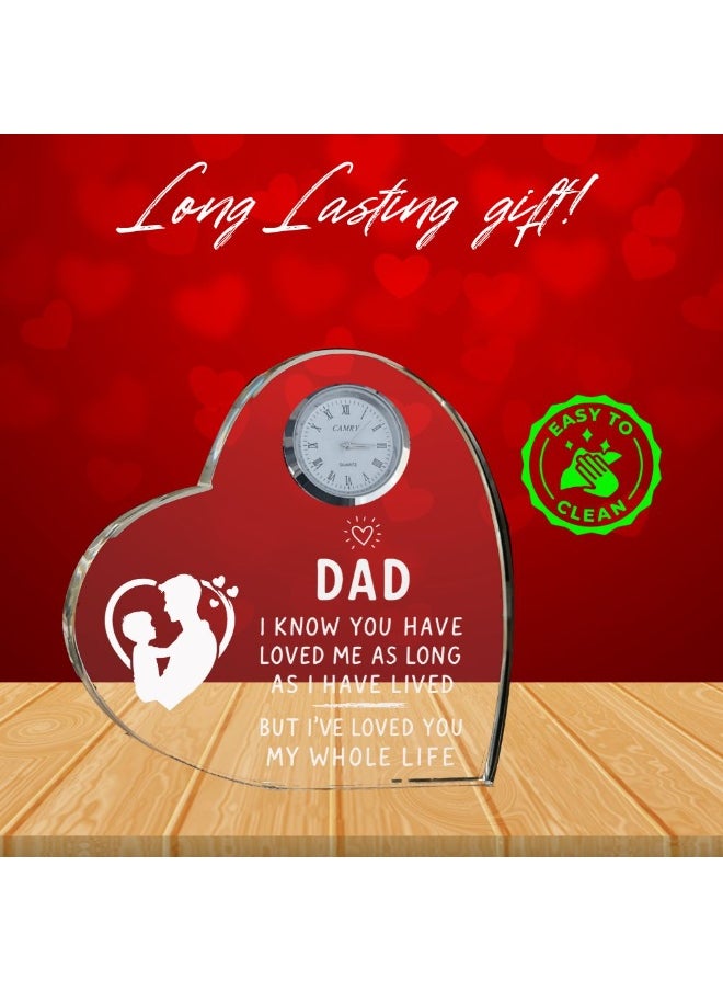 Fathers Day Heart-Shaped Crystal Glass Clock Keepsake|Elegant Display For Home&Office|Thoughtful Gift For Fathers Day|Son&Daughter Gift To Father