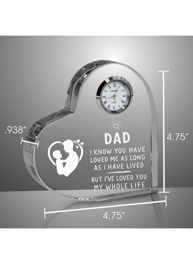 Fathers Day Heart-Shaped Crystal Glass Clock Keepsake|Elegant Display For Home&Office|Thoughtful Gift For Fathers Day|Son&Daughter Gift To Father