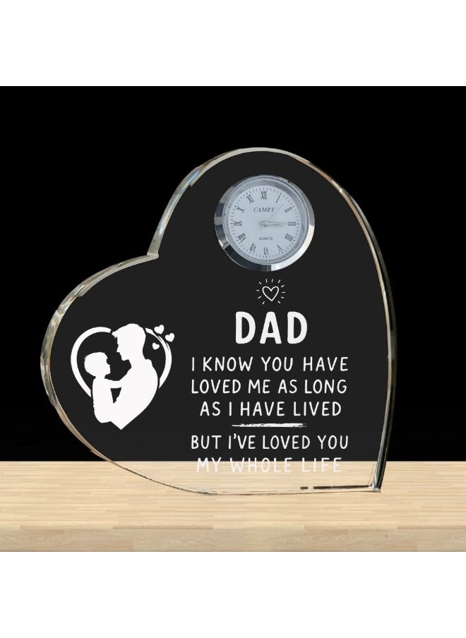 Fathers Day Heart-Shaped Crystal Glass Clock Keepsake|Elegant Display For Home&Office|Thoughtful Gift For Fathers Day|Son&Daughter Gift To Father