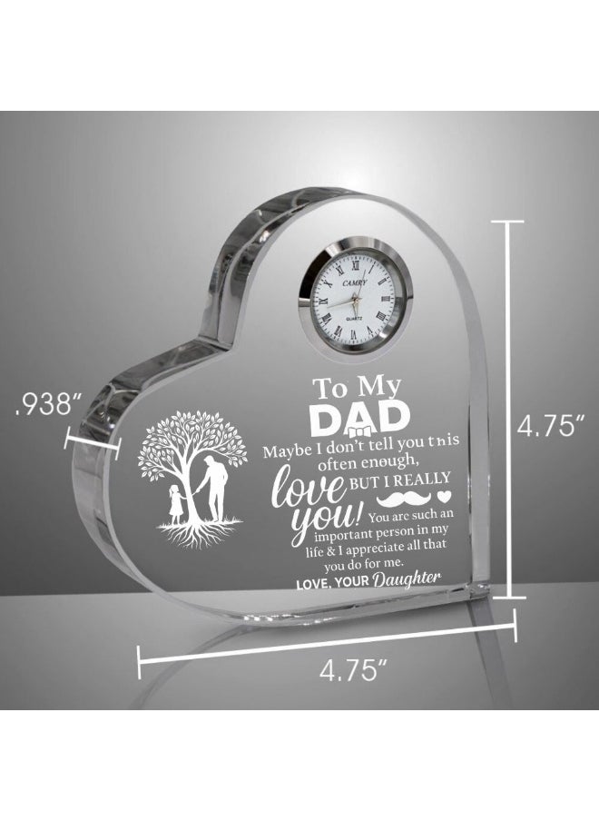 Fathers Day Heart-Shaped Crystal Glass Clock Keepsake|Elegant Display For Home&Office|Thoughtful Gift For Fathers Day|Son&Daughter Gift To Father