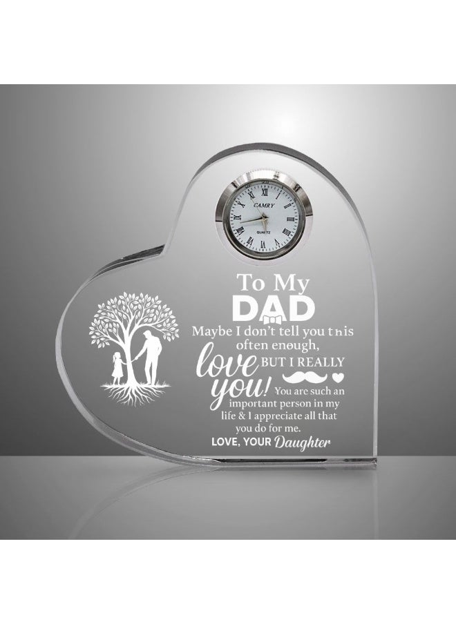 Fathers Day Heart-Shaped Crystal Glass Clock Keepsake|Elegant Display For Home&Office|Thoughtful Gift For Fathers Day|Son&Daughter Gift To Father