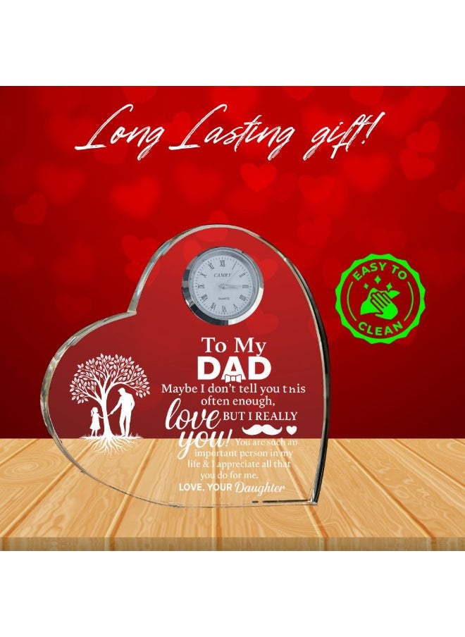 Fathers Day Heart-Shaped Crystal Glass Clock Keepsake|Elegant Display For Home&Office|Thoughtful Gift For Fathers Day|Son&Daughter Gift To Father