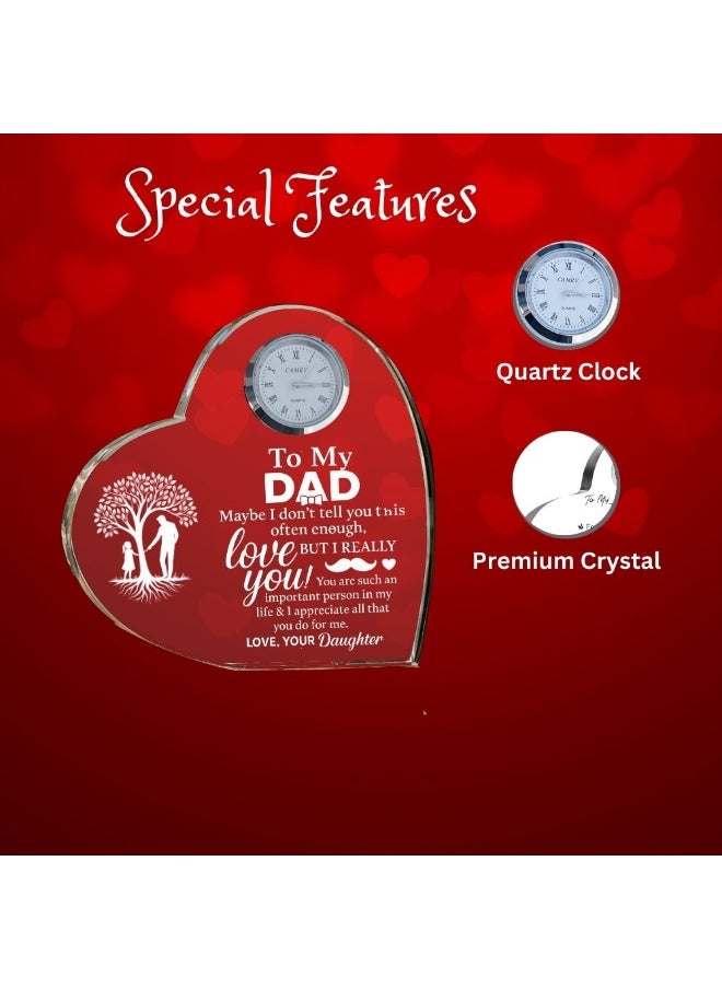 Fathers Day Heart-Shaped Crystal Glass Clock Keepsake|Elegant Display For Home&Office|Thoughtful Gift For Fathers Day|Son&Daughter Gift To Father