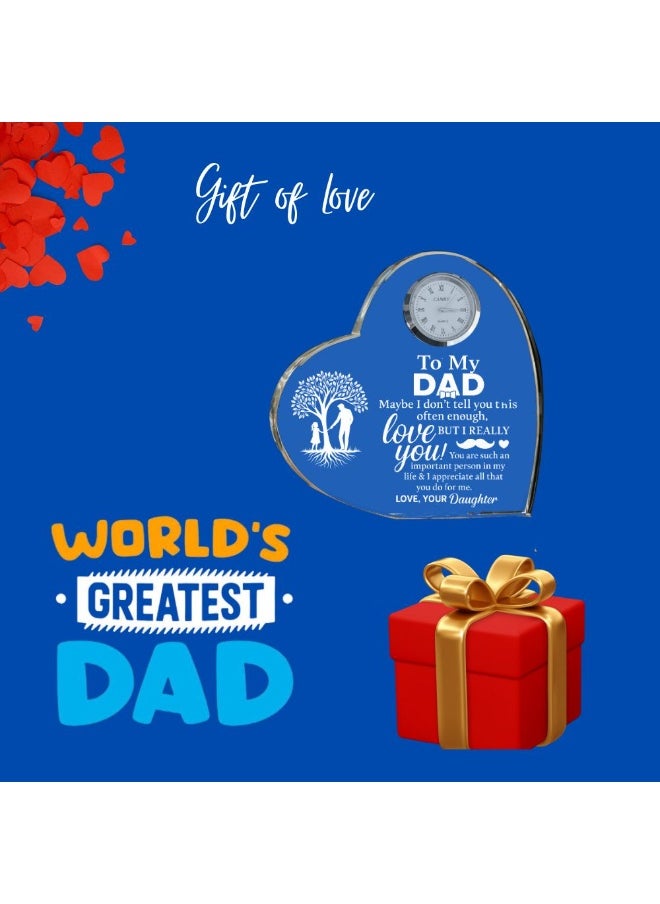 Fathers Day Heart-Shaped Crystal Glass Clock Keepsake|Elegant Display For Home&Office|Thoughtful Gift For Fathers Day|Son&Daughter Gift To Father