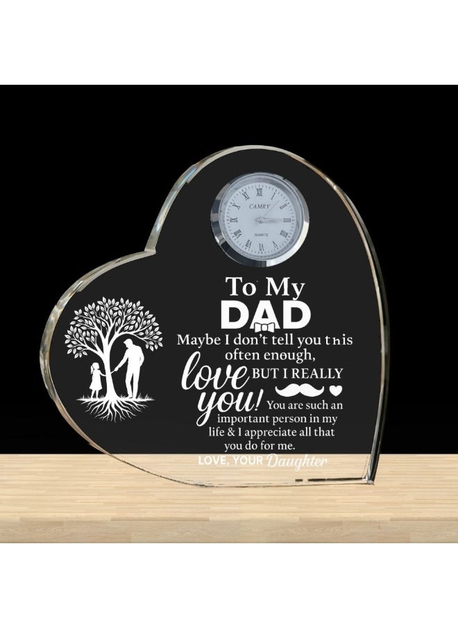 Fathers Day Heart-Shaped Crystal Glass Clock Keepsake|Elegant Display For Home&Office|Thoughtful Gift For Fathers Day|Son&Daughter Gift To Father