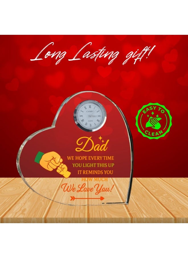 Fathers Day Heart-Shaped Crystal Glass Clock Keepsake|Elegant Display For Home&Office|Thoughtful Gift For Fathers Day|Son&Daughter Gift To Father