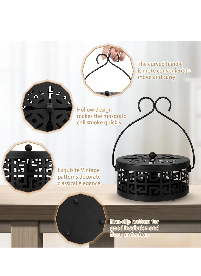 Retro Portable Mosquito Coil Holder with Handle, 2 Pcs Fireproof Incense Burner for Indoor Outdoor Use