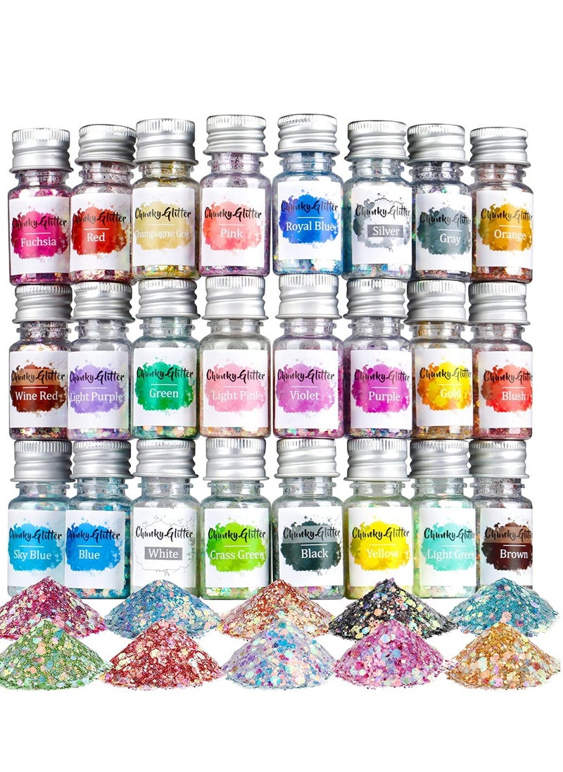 Chunky Glitter Set of 24 Colors Holographic Craft Face Eye Hair Body Nail Bulk Iridescent Sparkle Sequin Flake
