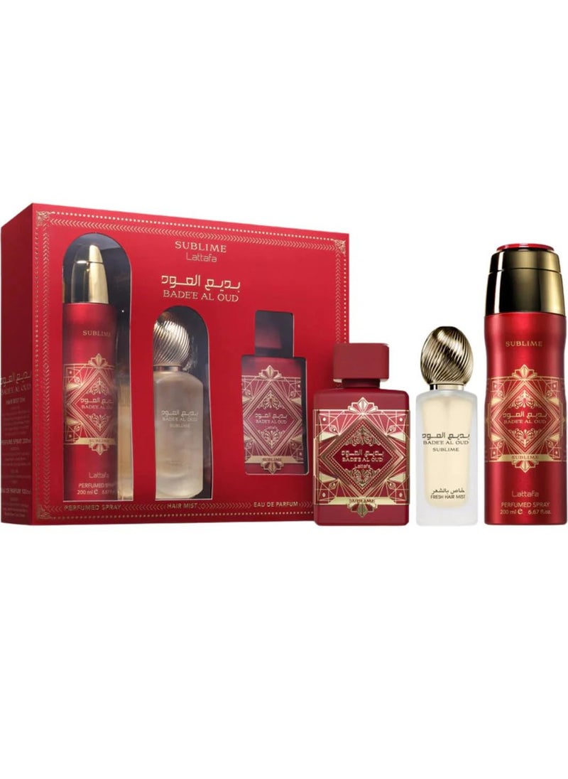 Lattafa Badee Al Oud Sublime for Unisex 3 Piece Set (3.4 Oz Eau de Parfum Spray + 1.7 Oz Hair Mist + 6.7 Oz Deodorant Spray)