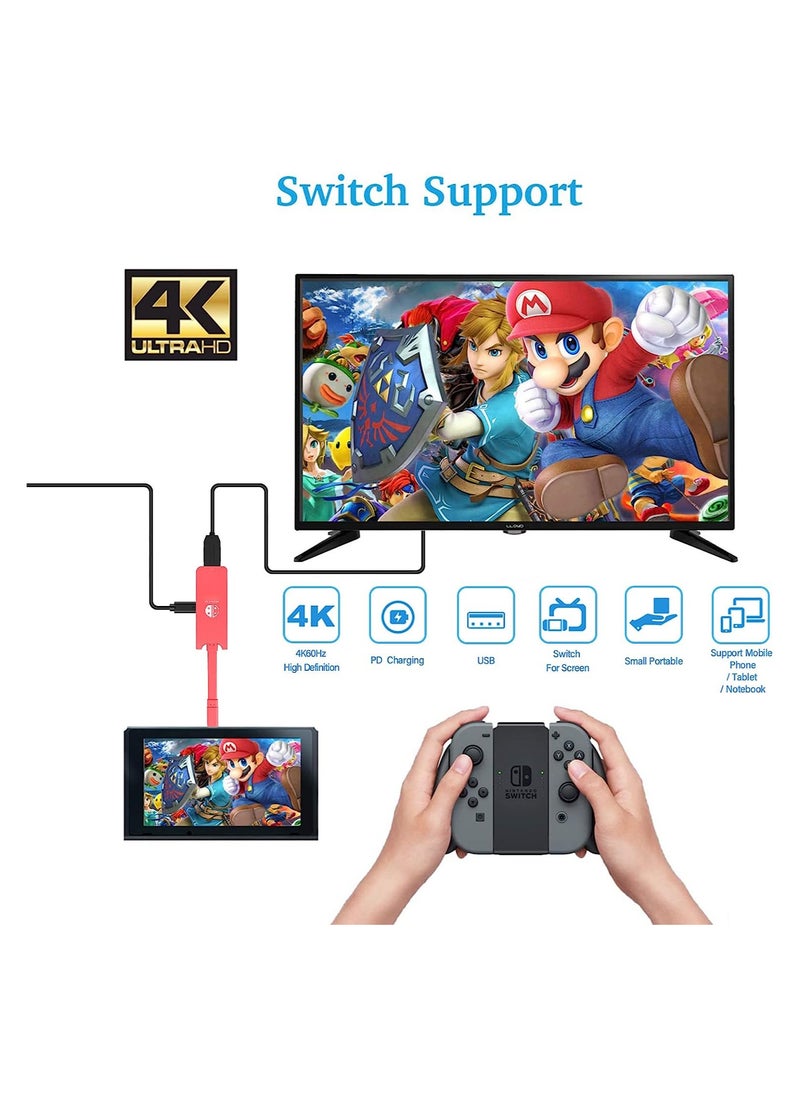 Switch HDMI Dock Adapter for Nintendo, Mini Portable USB-C to 4K HDMI TV Dock Charging Docking Station Base Adapter Hub, Compatible Suitable Switch OLED/MacBook/Laptop/iPad (Red)