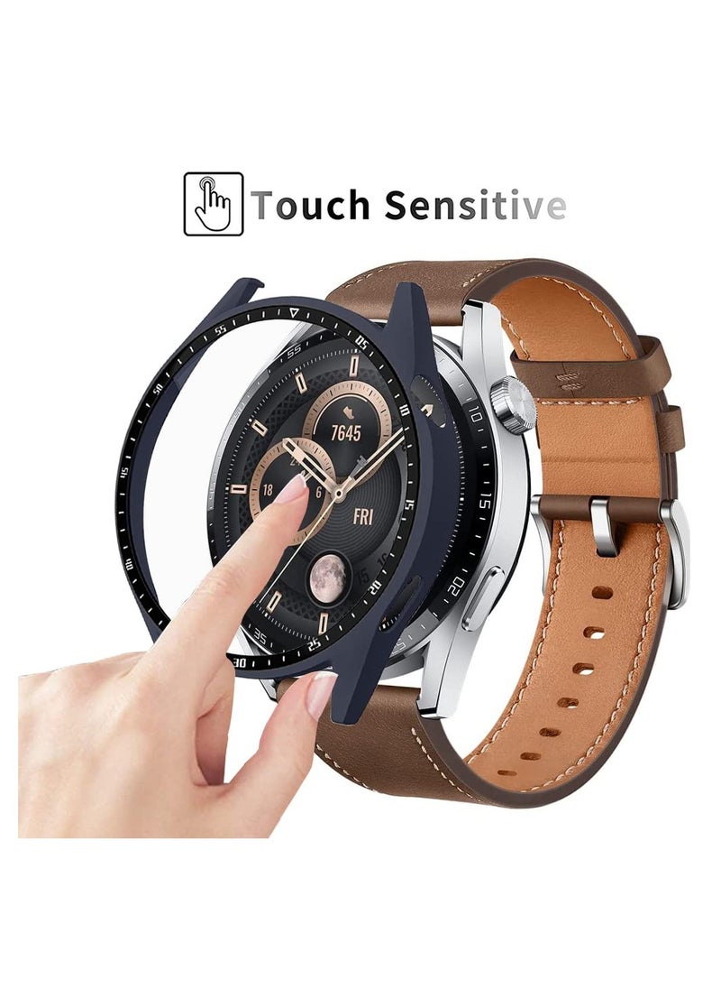 Case With Tempered Glass Screen Protector Compatible for Huawei Watch GT3 46mm, 9H Hardness 360 ° All-round Protective Cover Ultra-thin Protective PC Case Cover for With Scale(Blue)