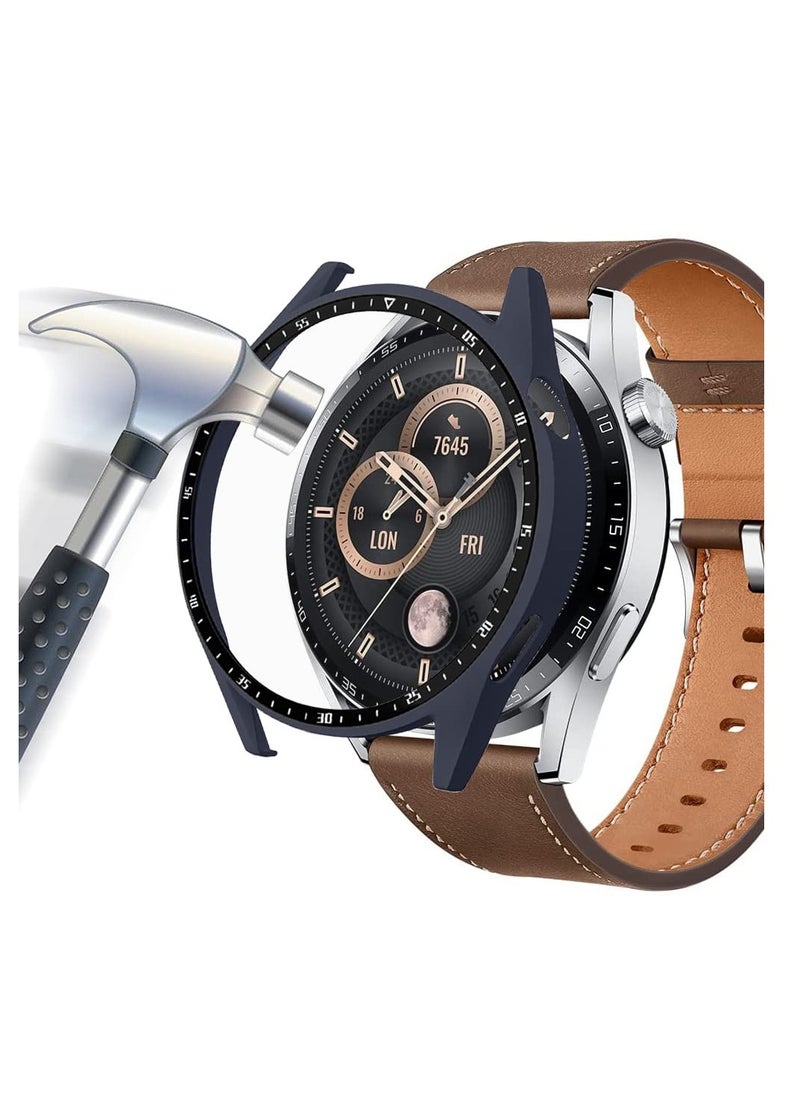 Case With Tempered Glass Screen Protector Compatible for Huawei Watch GT3 46mm, 9H Hardness 360 ° All-round Protective Cover Ultra-thin Protective PC Case Cover for With Scale(Blue)