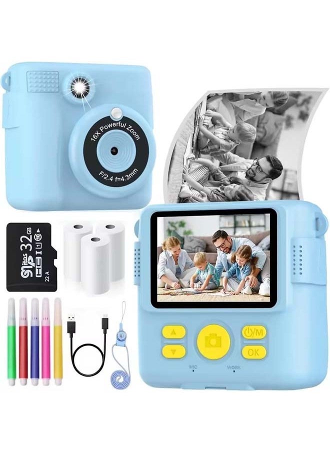 Instant Print Camera for Kids, Mini Thermal Printing Camera, No Ink Required, HD Digital Video 1080P HD Cameras for Toddler, 32G TF Card, 3 Print Paper, Gift for Boys Girls (Blue)