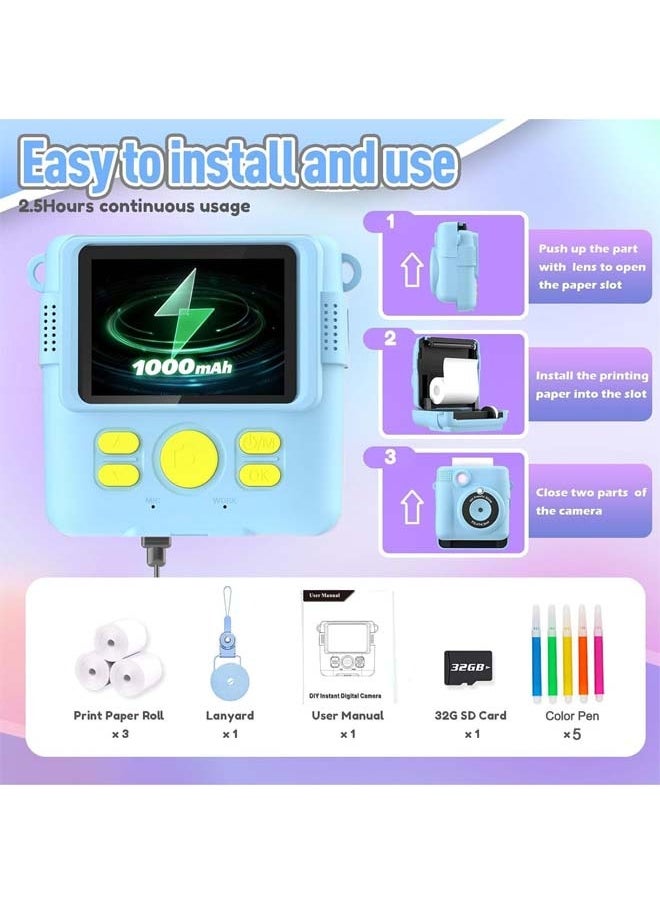 Instant Print Camera for Kids, Mini Thermal Printing Camera, No Ink Required, HD Digital Video 1080P HD Cameras for Toddler, 32G TF Card, 3 Print Paper, Gift for Boys Girls (Blue)