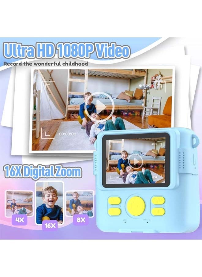 Instant Print Camera for Kids, Mini Thermal Printing Camera, No Ink Required, HD Digital Video 1080P HD Cameras for Toddler, 32G TF Card, 3 Print Paper, Gift for Boys Girls (Blue)