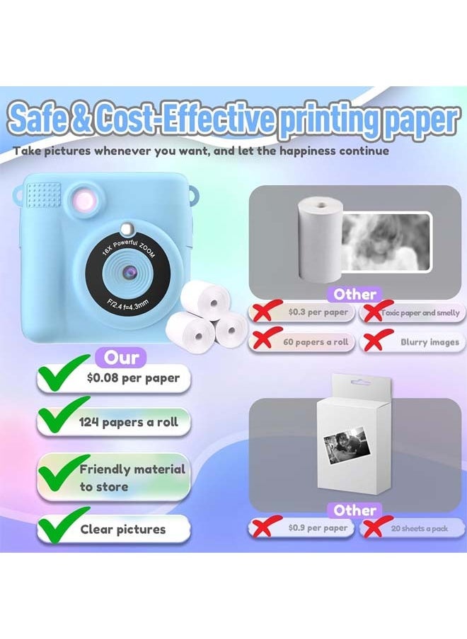 Instant Print Camera for Kids, Mini Thermal Printing Camera, No Ink Required, HD Digital Video 1080P HD Cameras for Toddler, 32G TF Card, 3 Print Paper, Gift for Boys Girls (Blue)