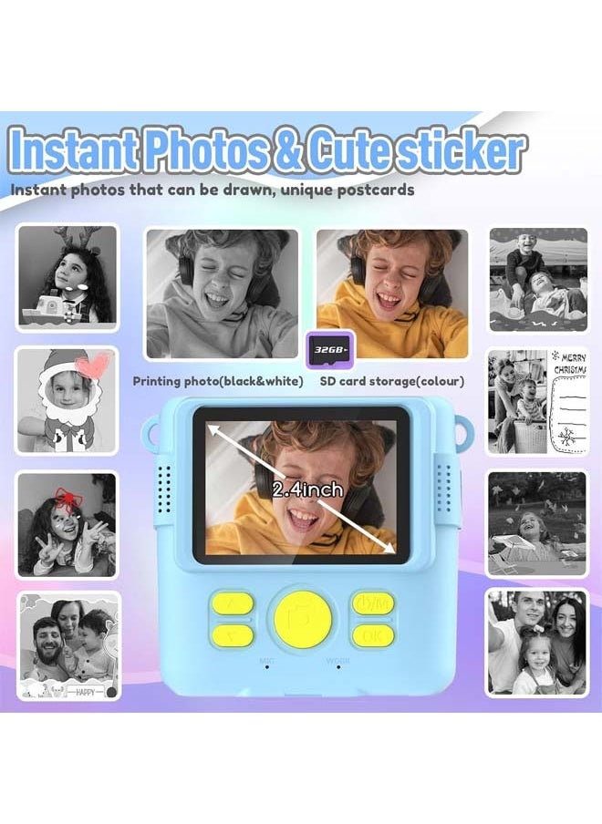 Instant Print Camera for Kids, Mini Thermal Printing Camera, No Ink Required, HD Digital Video 1080P HD Cameras for Toddler, 32G TF Card, 3 Print Paper, Gift for Boys Girls (Blue)