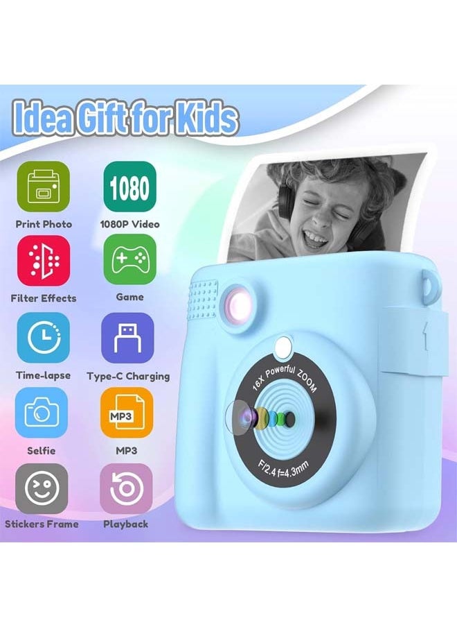 Instant Print Camera for Kids, Mini Thermal Printing Camera, No Ink Required, HD Digital Video 1080P HD Cameras for Toddler, 32G TF Card, 3 Print Paper, Gift for Boys Girls (Blue)