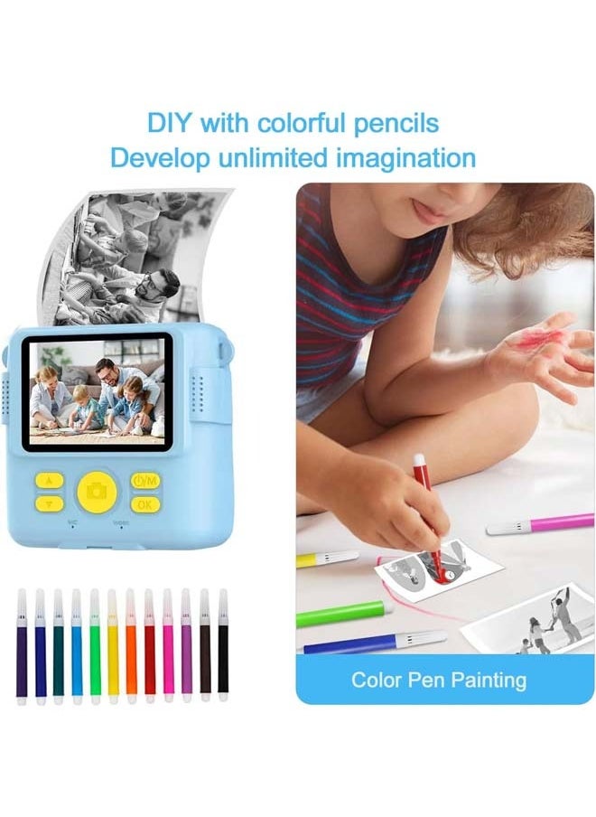 Instant Print Camera for Kids, Mini Thermal Printing Camera, No Ink Required, HD Digital Video 1080P HD Cameras for Toddler, 32G TF Card, 3 Print Paper, Gift for Boys Girls (Blue)