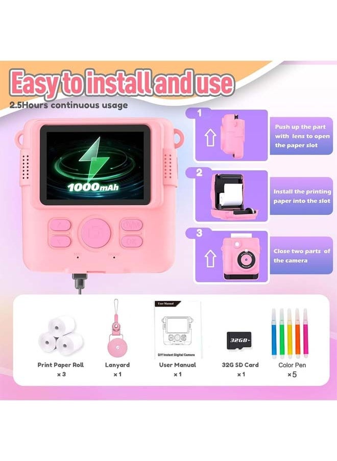 Instant Print Camera for Kids, Mini Thermal Printing Camera, No Ink Required, HD Digital Video 1080P HD Cameras for Toddler, 32G TF Card, 3 Print Paper, Gift for Boys Girls (Pink)