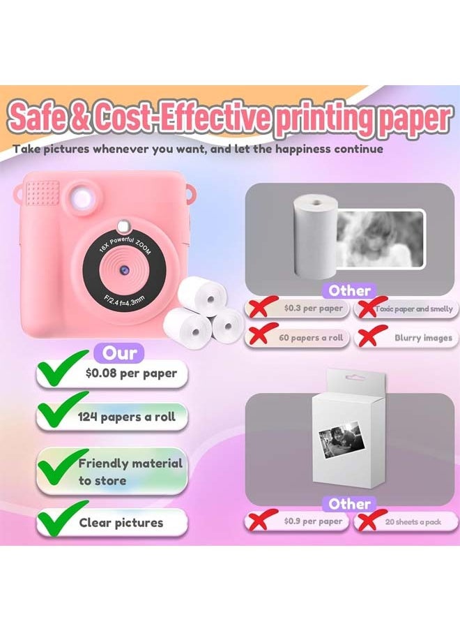 Instant Print Camera for Kids, Mini Thermal Printing Camera, No Ink Required, HD Digital Video 1080P HD Cameras for Toddler, 32G TF Card, 3 Print Paper, Gift for Boys Girls (Pink)