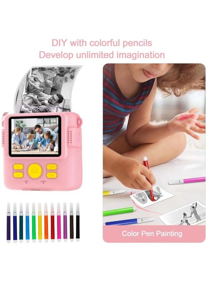 Instant Print Camera for Kids, Mini Thermal Printing Camera, No Ink Required, HD Digital Video 1080P HD Cameras for Toddler, 32G TF Card, 3 Print Paper, Gift for Boys Girls (Pink)