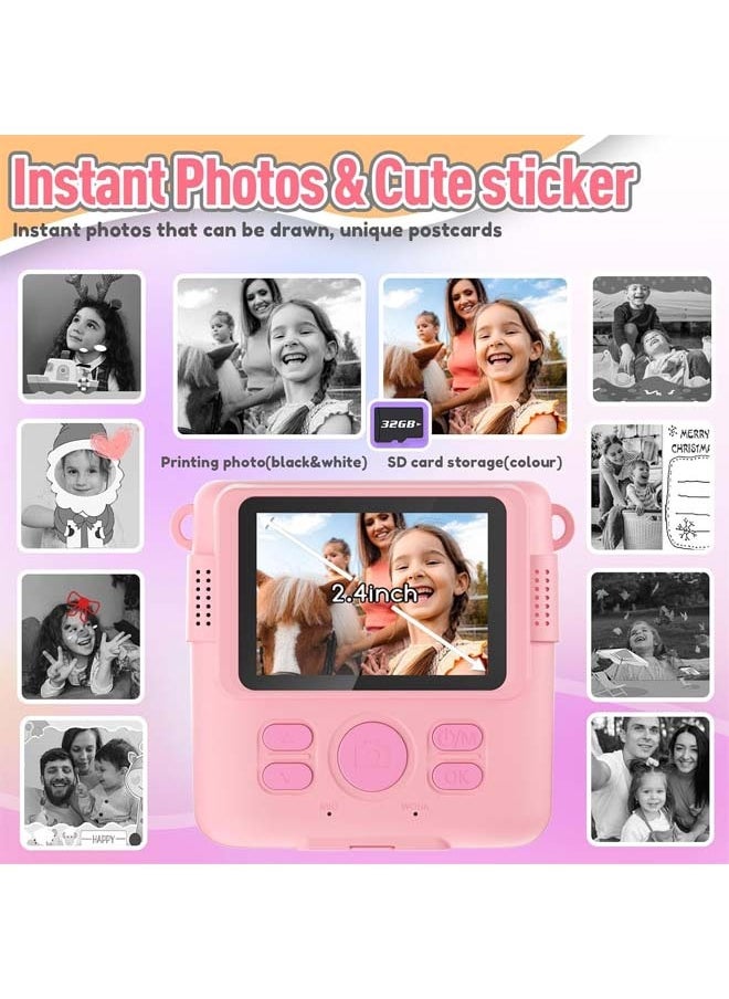Instant Print Camera for Kids, Mini Thermal Printing Camera, No Ink Required, HD Digital Video 1080P HD Cameras for Toddler, 32G TF Card, 3 Print Paper, Gift for Boys Girls (Pink)