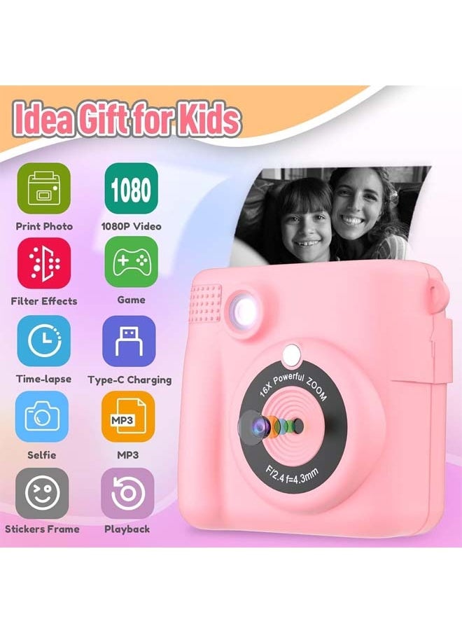 Instant Print Camera for Kids, Mini Thermal Printing Camera, No Ink Required, HD Digital Video 1080P HD Cameras for Toddler, 32G TF Card, 3 Print Paper, Gift for Boys Girls (Pink)