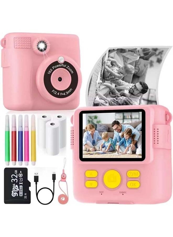 Instant Print Camera for Kids, Mini Thermal Printing Camera, No Ink Required, HD Digital Video 1080P HD Cameras for Toddler, 32G TF Card, 3 Print Paper, Gift for Boys Girls (Pink)