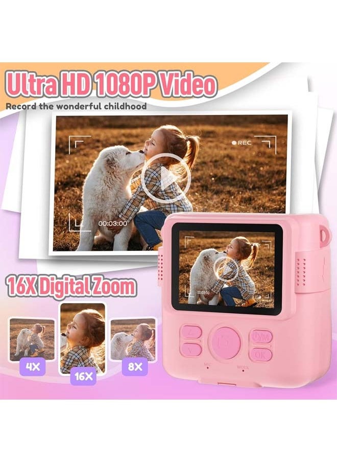Instant Print Camera for Kids, Mini Thermal Printing Camera, No Ink Required, HD Digital Video 1080P HD Cameras for Toddler, 32G TF Card, 3 Print Paper, Gift for Boys Girls (Pink)