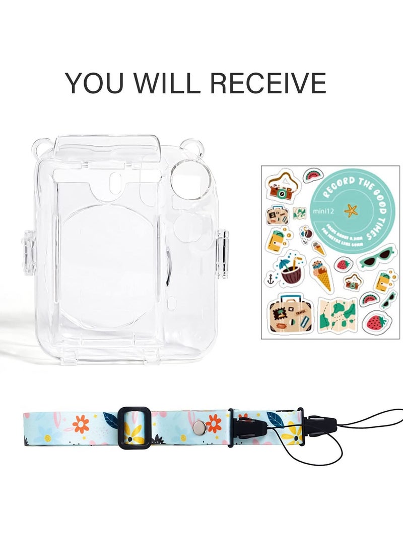 Clear Case for Fuji Instax Mini 12 /Polaroid Mini 12, Case for Fujifilm Instax Mini 12 Instant Camera with Back Photos Pocket, Shoulder Strap and Beautiful Sticker