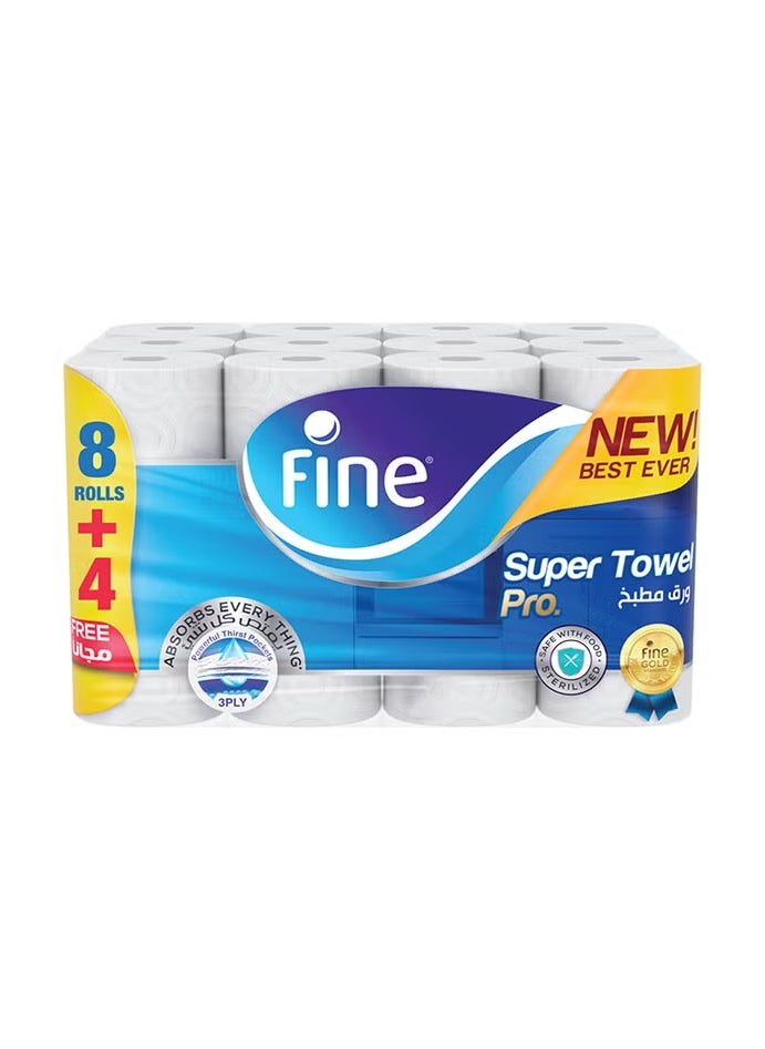 Super Towel Pro, Highly Absorbent, Sterilized, 8+4,3 Ply Pack Of 12 60 Sheets White 26.5x21cm