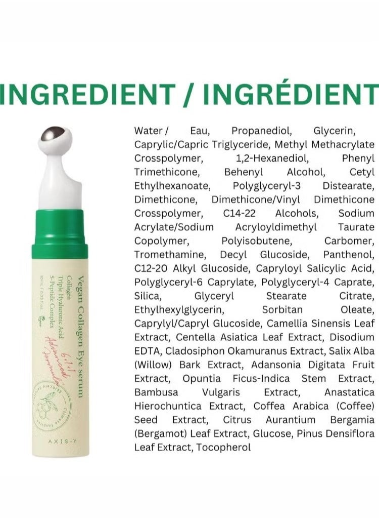 AXIS Y Vegan Collagen Eye Serum 10ml – Hydrating, Anti-Aging Formula for Puffiness, Dark Circles, and Fine Lines – Plant-Based Collagen, Suitable for All Skin Types