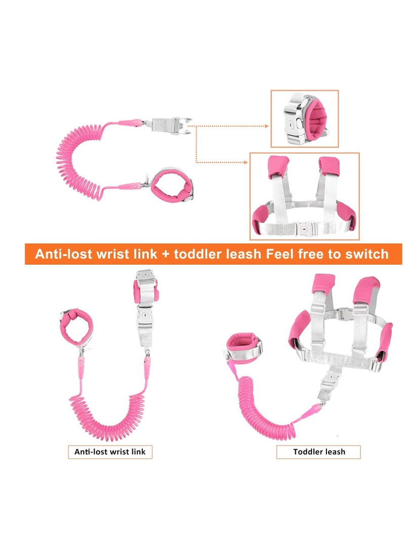 Anti Lost Toddler Leash, with Backpack Harness Wrist Link, Baby Leash Safety Walking Link for Kids Keep Your Runner Close and Safe in Crowd Public Pink