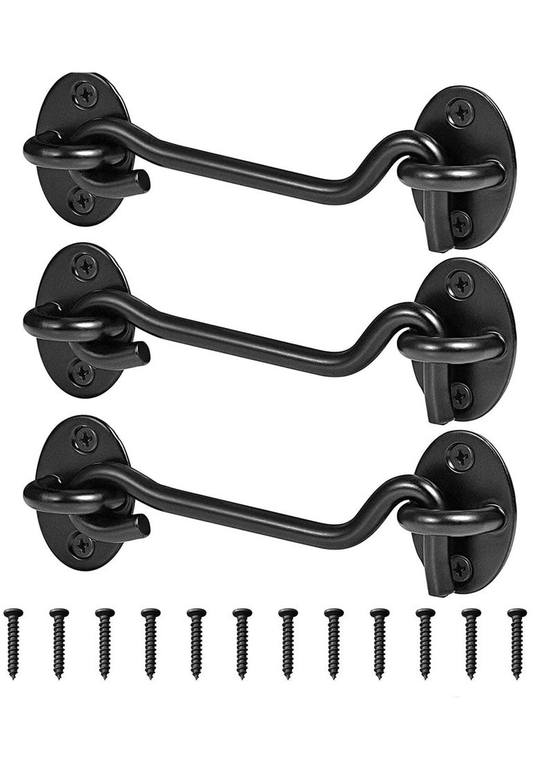 3Pack Privacy Hook and Eye Latch Door Latch 4” for Upgrade Heavy Duty Barn Door Lock, Gate Latch, Cabin Hooks with mounting Screw, Best for Sliding Door, Bathroom, Window (Black)